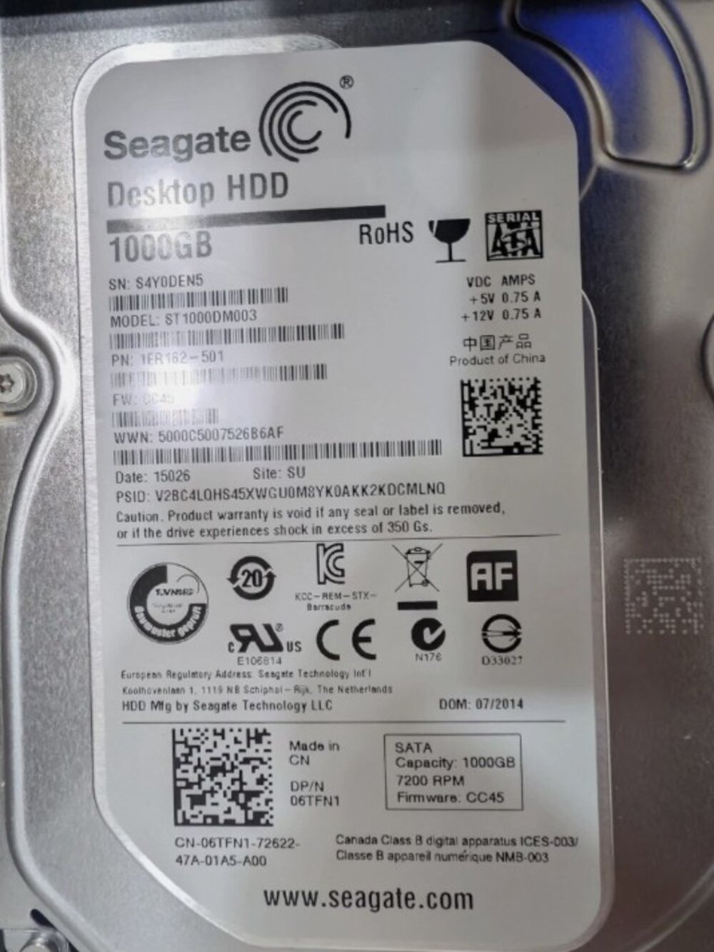 Seagate ST1000DM003-1ER162 DEN5 1TB  SATA 3.5" HDD R2112R-6